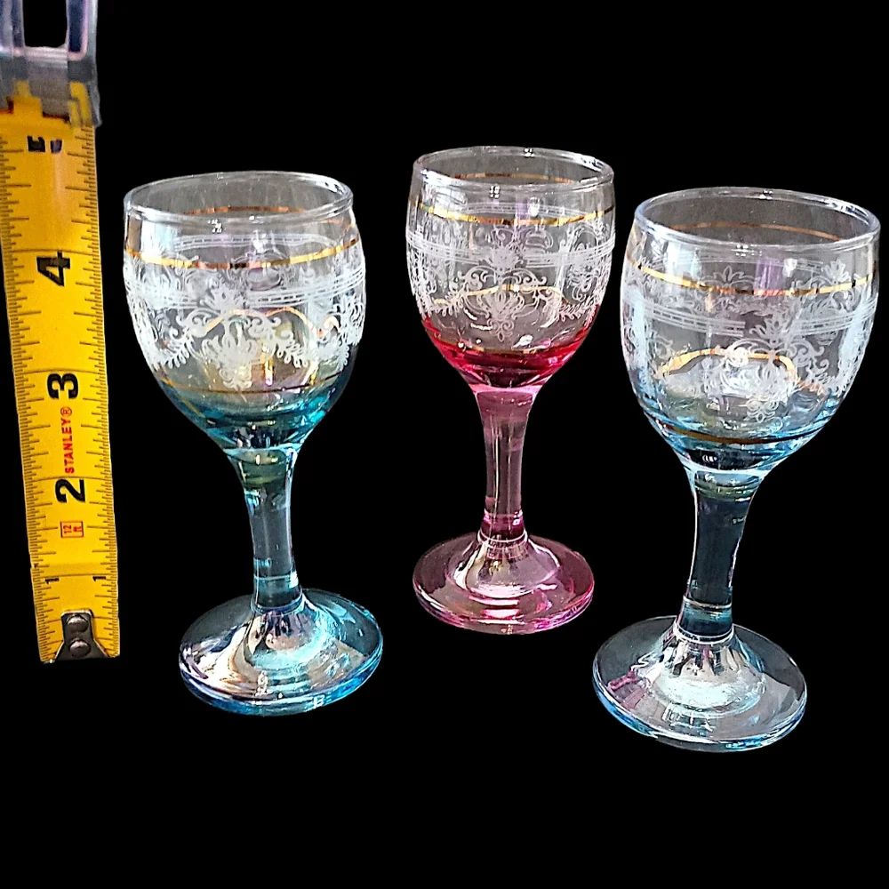 3 Chatel Gold Cristal D'Arques Cordial Glasses‎ Durand Iridescent Cranberry Blue